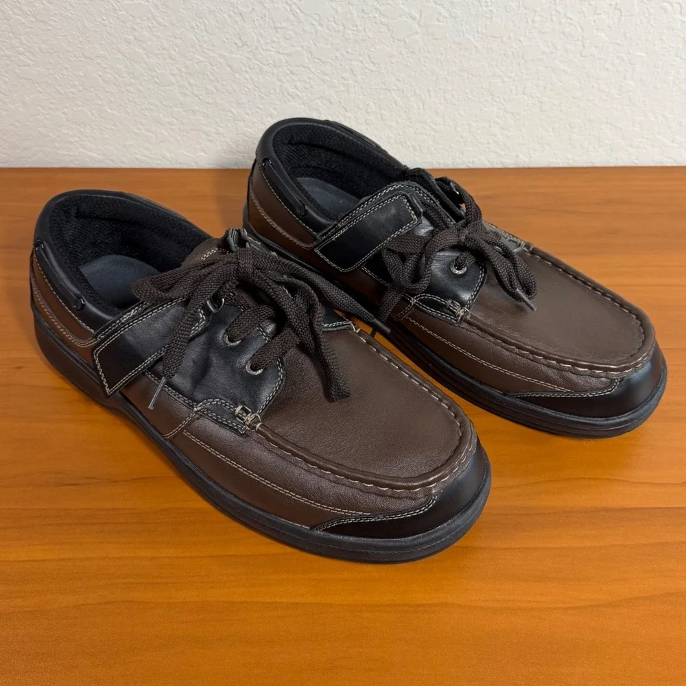 OrthOfeet 422 Baton Rouge Mens 12 2E Wide Brown Black Leather Orthopedic Boat